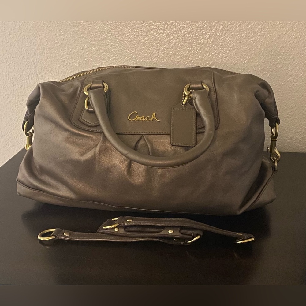 Coach Ashley Convertible Pewter Metallic Leather Satchel | Shoulder Bag - Picture 4 of 11